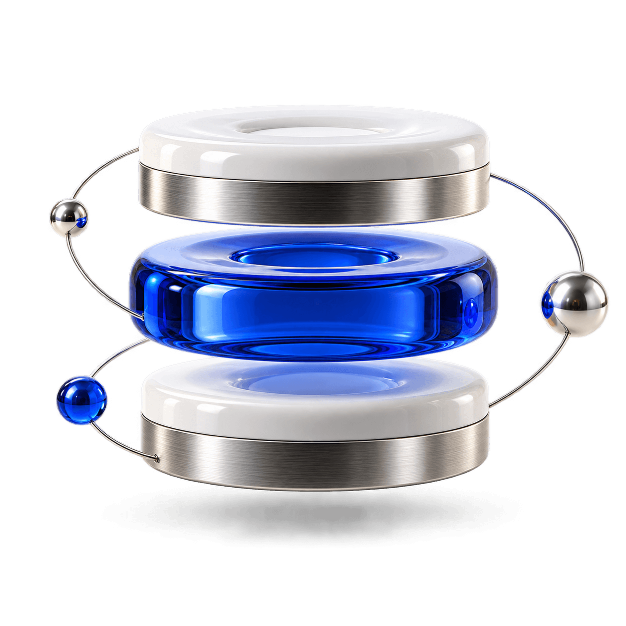 A sculptural database of floating porcelain and cobalt glass layers, joined by orbiting connections